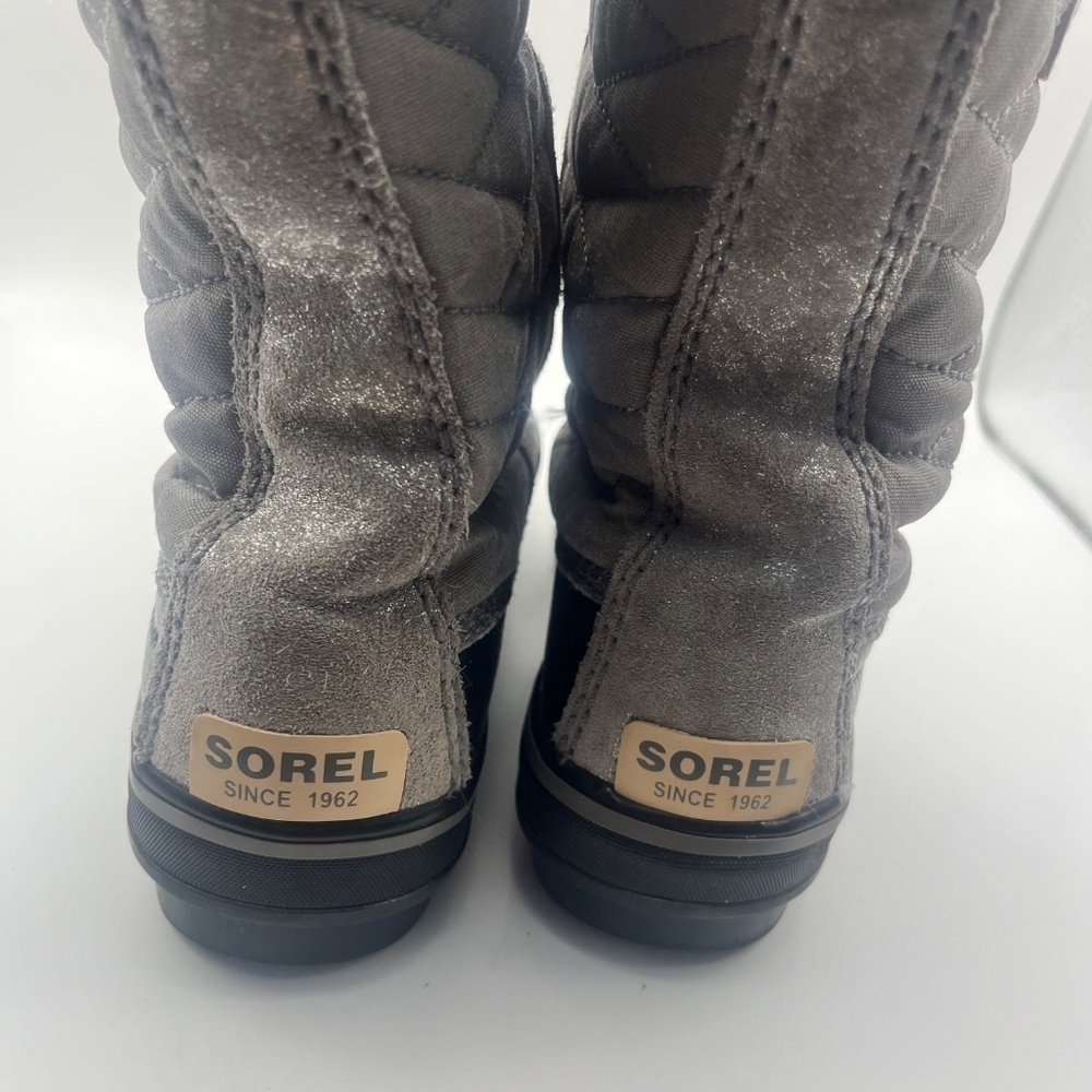 SOREL Tofino Il  Girls  Silver Gray Black Winter Snow Boot  Fur  Lace Up  Size 1 - Picture 2 of 8